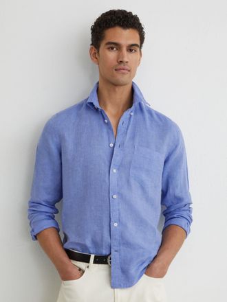 Reiss Buddy Blue Linen Regular-fit Button-down Shirt, Xxl