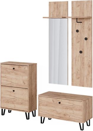 Vicco Espejo De Pared Siri, Roble Dorado, Juego Con Percheros De Pared, Banco Y Zapatero, Vicco