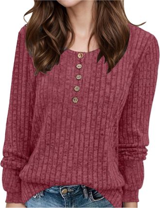 Generic Ladies Jumpers Crew Neck Button Down Womens Sweaters Soft Long Sleeve Tops Solid Colour Jumpers for Women UK Warm Autumn Winter Womens Jumper Lounge W