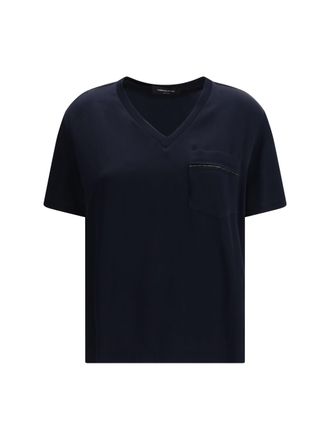 Fabiana Filippi V-Neck Viscose-Acetate T-Shirt - Navy