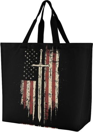 Generic U.S. Flag Reusable Shopping Bags One Shoulder Grocery Tote Bag Waterproof Big Purse for Work Travel