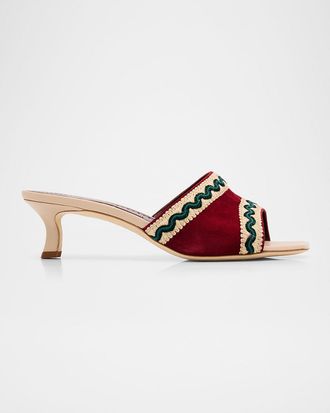 Manolo Blahnik 50mm Marebis Embroidered Kid Suede Mule Sandals