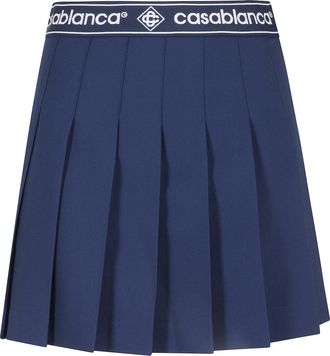 Casablanca Navy Pleated Flared Logo-Band Polyester-Blend Mini Skirt