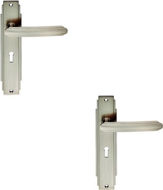 Loops 2x PAIR Line Detailed Handle on Lock Backplate 205 x 45mm Satin Nickel