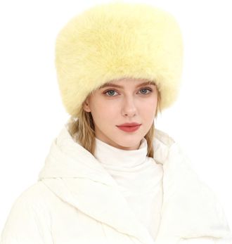 Lina & Lily Womens Winter Cossack Hat Russian Style Long Pile Faux Fur (Light Yellow)