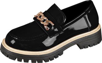 Generic Black Women Everyday Shoes with Round Toe Metal Chain Low Top British Style Mid Heel for Outdoor Indoor Use