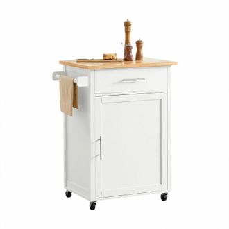 SoBuy SoBuy Carrello da cucina Carrello di servizio Carrello con rotelle con anta e cassetto bianco-naturale FKW102-WN