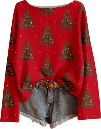 Generic Christmas Jumper 2025 Xmas Tree Printed Ladies Tops Long Sleeves Crew Neck Knitted Jumpers Soft Comfortable Xmas Pullover Sweatshirt Warm Oversized Ch