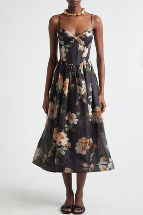 Zimmermann Kindred Spirit Luna Linen & Silk Organza Corset Midi Dress in Black Rose at Nordstrom, Size 2