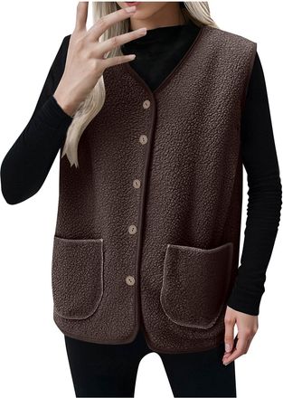 Generic Coffee Women Waistcoat Polar Fleece Gilets Button Down V Neck Vest Jackets Sleeveless Coats with Pockets Loose Fit Bodywarmer Winter Autumn Warm Overs
