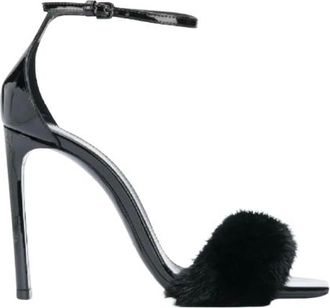 Saint Laurent Black Patent Leather Bea Heeled Sandals with Fur Detail Size 39.5