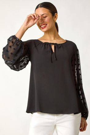 Roman Dobby Sleeve Tie Neck Top