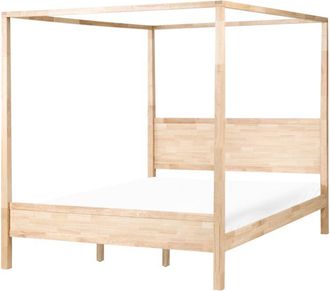 Beliani Cama Con Dosel Minimalista Somier De Madera De Caucho Y Listones Marr&oacute;n Claro 180 X 200 Cm Hauterives