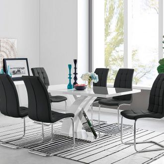 Furniturebox Atlanta Modern Rectangle Chrome Metal High Gloss White Dining Table & 6 Murano Chairs Set in Black