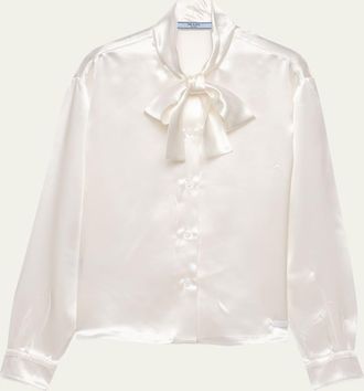 Prada Satin Bow-Neck Button-Down Blouse