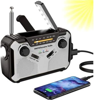 OEM Radio De Emergencia Solar Con Manivela, Radio Am/fm, Luz Led, Bater&iacute;a De 4000 Mah Y Alarma Sos - Gris