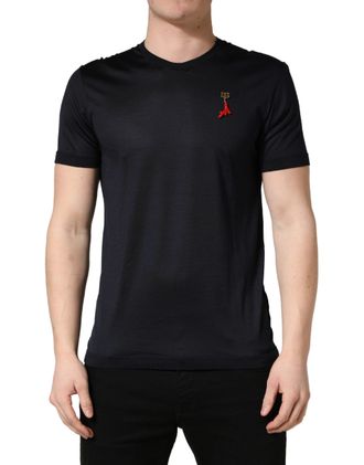 Dolce & Gabbana Dark Blue DG Logo Silk Men Crew Neck Mens T-shirt (Pre-Owned)