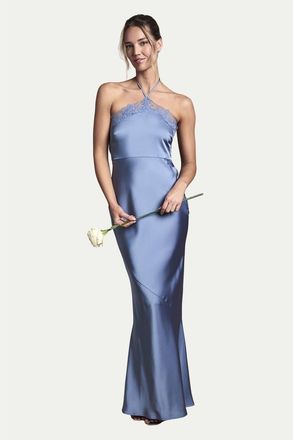 Oasis Halter Satin Maxi Bridesmaid Dress in Blue at Nordstrom, Size 12