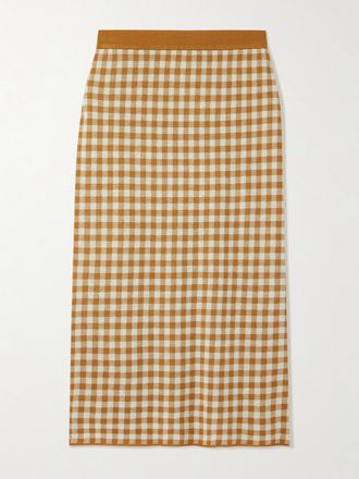 Guest In Residence Gonna Midi In Misto Seta E Lino Jacquard A Quadretti - Marrone