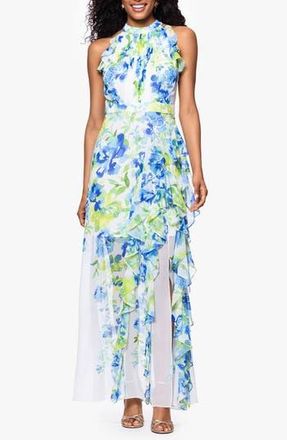 Betsy & Adam Print Ruffle Sleeveless Gown in Aqua/Multi at Nordstrom Rack, Size 12