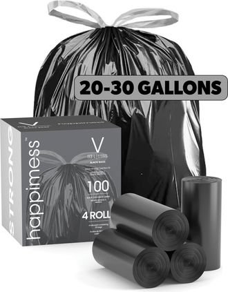 Happimess 30-Gallon (114L) Drawstring Unscented Trash Can Liner, White (100-Count, 4-Rolls of 25 Liners)