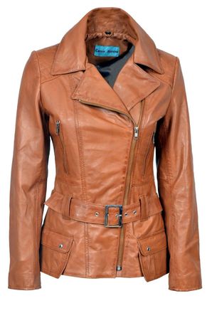 None Ladies Short Biker Soft TAN Lambskin Fitted Real Leather Jackets (Small / 10)