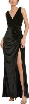 Mac Duggal Deep V High Slit Draped Velvet Fitted Gown