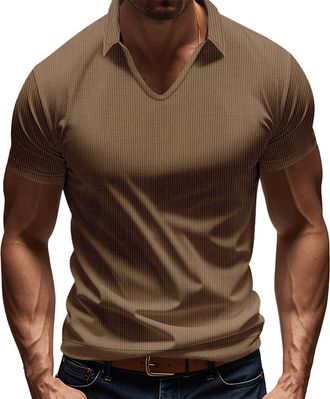 Generic Mens Muscle Polo Shirts V Neck Slim Fit Ribbed Workout T Shirts Summer Short Sleeve Golf Lapel Collar T-Shirt Stretch Comfy Soft Casual Tee Brown