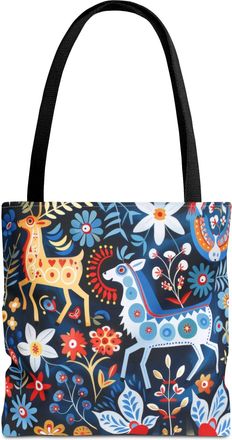 Generic Scandinavian Folk Horses Tote Bag, Folk Art Reusable Shopping Bag, Nordic Design Beach Tote, Scandinavian Style Shoulder Bag, Black, 16 &times; 16