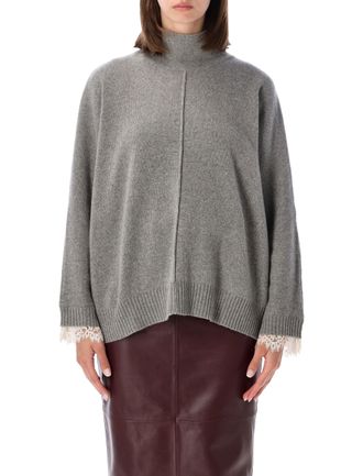 Alberta Ferretti Grey Cashmere Lace-Trim Sweater