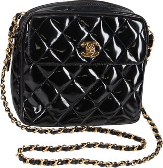 Chanel Vintage Square Front Pocket Camera Bag Quilted Patent Black Patent_Leather Bag (Pre-Owned)