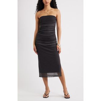 Open Edit Ruched Strapless Mesh Dress in Black Ivory Rise Dot at Nordstrom, Size Xx-Small