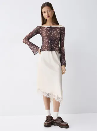 Twik Womens Fawn pattern boat-neck mesh T-shirt