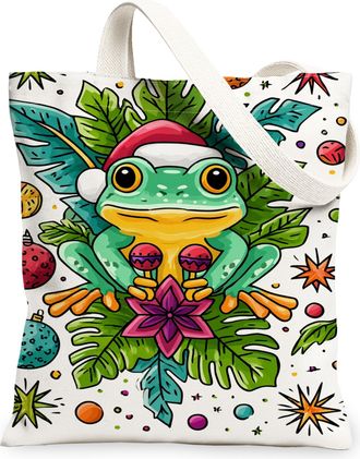 Generic Holiday Amphibian Canvas Tote Bags, Colorful Tropical Design Lightweight Washable Shoulder Strap Bags for Grocery Shopping, White, 13x15 Inch
