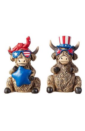 Glitzhome Set of 2 Patriotic Americana Resin Highland Cow with Stars Table Decor in Blue at Nordstrom, Size Medium