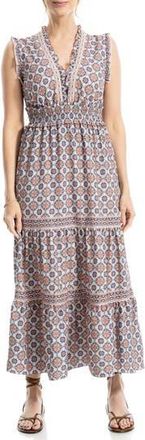 Max Studio Smocked Fit & Flare Maxi Dress in Cream/Blue Curvy Cube at Nordstrom Rack, Size X-Large