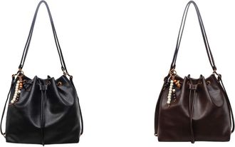 Generic Women PU Drawstring Bucket Bag W/Pendant Handbag for Daily Travel Work (Black)
