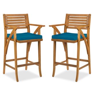 Best Choice Products Set of 2 Outdoor Acacia Wood Bar Stools Bar Chairs w/ Weather-Resistant Cushions - Teak Finish