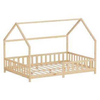 ML Design Ml-design Cama Infantil 140x200cm Natural, Con Protecci&oacute;n Antica&iacute;da, Techo Y Somier, Estructura Listones De Madera De Maciza De Pino Lecho Doble Monte