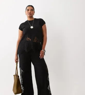 Asos Curve ASOS DESIGN Curve completo coordinato in maglia compatta con rifiniture in pizzo nero-Bianco