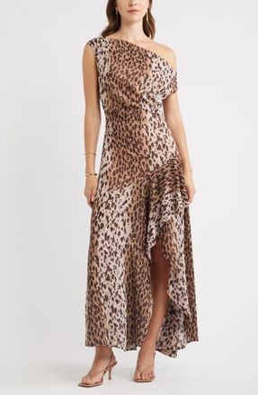 Chelsea28 Cascading Off the Shoulder Evening Dress in Tan- Black Leopard Spot at Nordstrom, Size Xx-Small