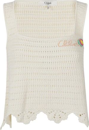 Chlo&eacute; Tops, Dames, Wit, L, Katoen, Mouwloze cropped top in haakwerk