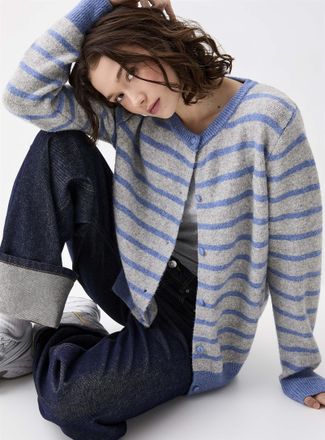 Twik Womens Blue stripes loose Cardigan Sweater