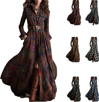 Generic Shirt Dress Plaid Maxi Shirt Dress Womens Long Sleeve Button Front Plaid Maxi Dresses V-Neck Button Split Dresses with Pockets Retro Western Cowboy St