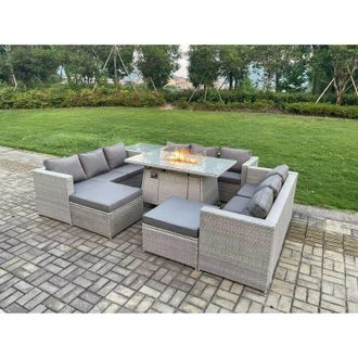 Fimous 11 Seater Outdoor Garden Dining Sets Rattan Furniture Gas Fire Pit Dining Table Gas Heater with Side Table 2 Big Footstools Light Grey - Fimous