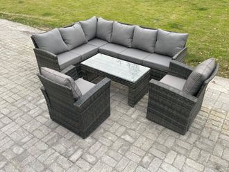 Fimous 8 Seater Outdoor Rattan Garden Furniture Set Corner Sofa Oblong Coffee Table Sets with Patio 2 Armchairs Dark Grey Mixed