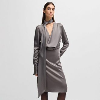 HUGO BOSS Womens Bascarva Long Sleeve Scarf Neckline Dress in Grey - Size 10 UK