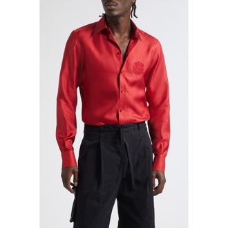 Dolce & Gabbana Martini Fit Embroidered Crest Silk Twill Button-Up Shirt in R0012 Rosso Scuro at Nordstrom, Size 41