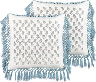Beliani Conjunto De 2 Cojines De Algod&oacute;n Blanco Azul Gris 45 X 45 Cm Floral Flecos Pallida