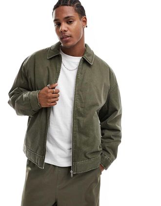 Asos Harrington jacket in washed khaki-Green